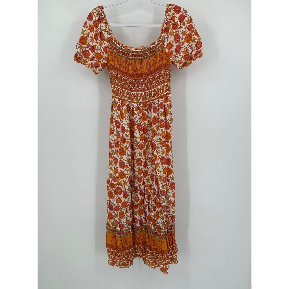 Womens Boho Prairie Midi Dress Sz S Smocked Peasant Festival Hippie Cottagecore